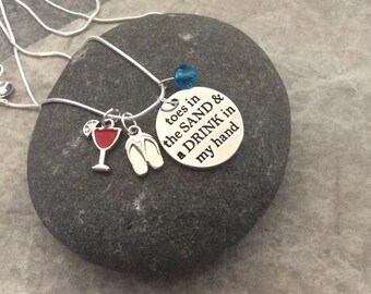 1 - "Toes in the sand and drink in my hand" Pendants, 4 piece charm pendant, flipflop charm, margarita charm, beach pendant, travel necklace
