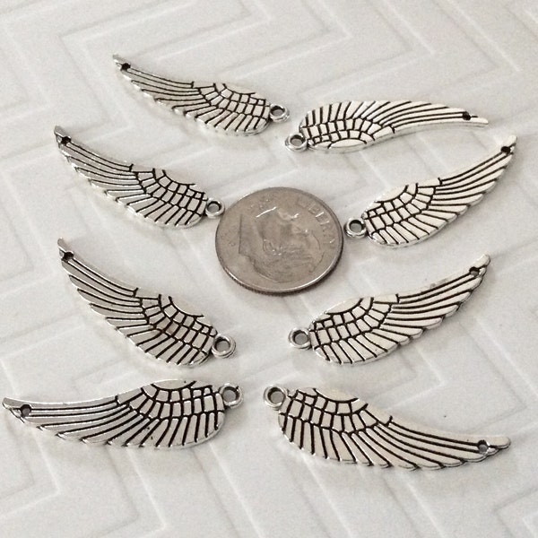 8 Silver detailed Angel Wing pendants, 2 sided WINGS, 2 hole wing necklaces, wing charms, faith jewelry