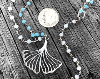 Sterling Silver Ginkgo Leaf Pendant with Rosary Chain, 32mm x 31mm, 2 Inch Beaded Extender,