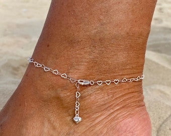 Sterling Silver Heart Ankle Chain, Heart Anklet, Heart Chain, Adjustable Anklet, Sterling Heart