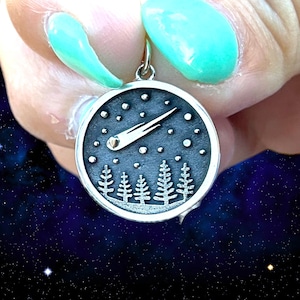 Comet, Night Sky, Stars, Mountain Forest Trees Pendant, Celestial Necklace, Sterling Chain