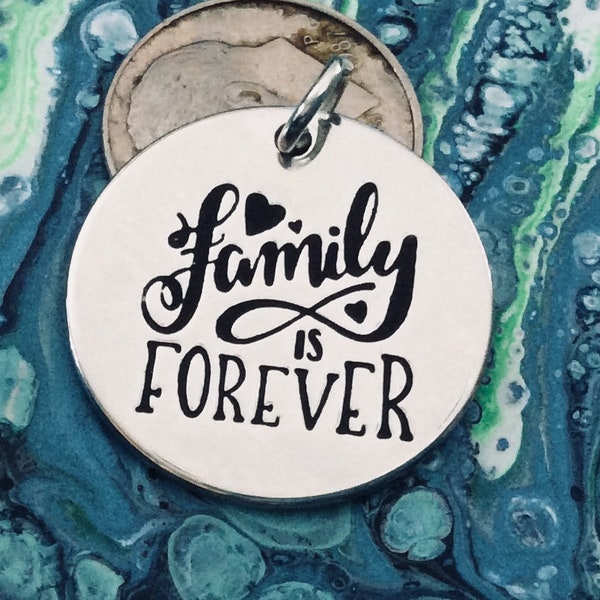 Family is Forever Word Charm Heart Pendant, Silver Plated Charm, Forever jewelry, family necklace, Stamped pendant