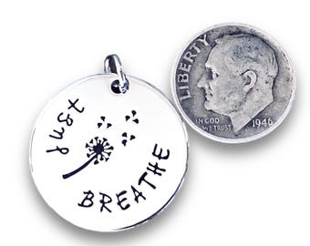Just Breathe’ Word Charm Pendant, Silver plated necklace, Relax pendant, Breathe charm, Dandelion necklace