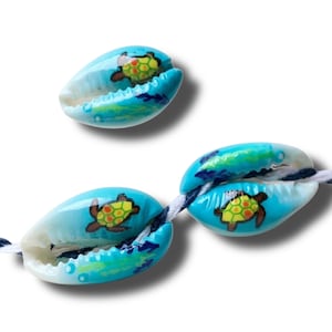 3 Sea Turtle Cowrie Shell Beads, Hand Painted Cowrie Shells, 10mm x 20mm approximately, Tropical Jewelry, Beach Necklace