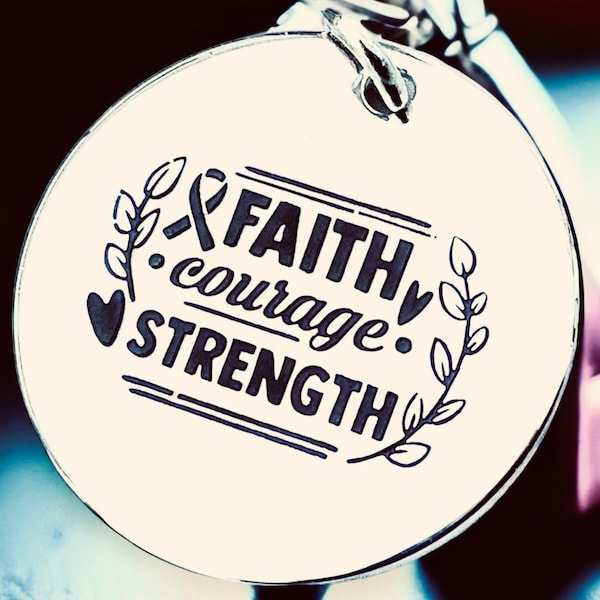 Faith, Courage and Strength’ Word Charm Pendant, Silver plated necklace, Awareness Jewelry, Strong Courageous pendant, Cancer Ribbon Charm