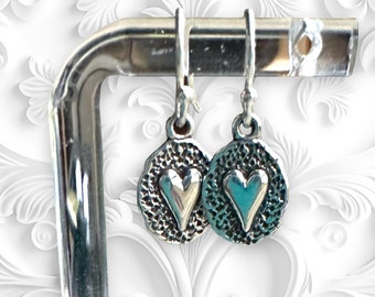 Sterling Silver Rustic Heart Earrings, Elongated, Textured Hearts, Valentine Earrings,