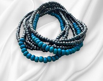 Czech Bead Stretch Bracelet, Necklace or Anklet, 43 inches, Gunmetal and Blue Beads, Bracelet, Strong Stretch Cord