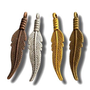12 Copper, Bronze, Silver or Gold Feather Pendants, 32mm x 6mm, 2 sided charms, Detailed feather necklaces, feather earrings