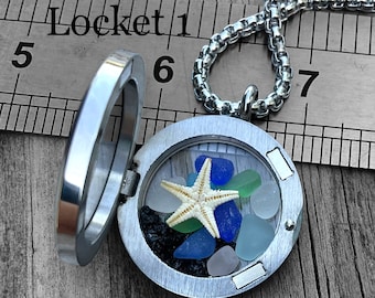 Beach Locket, Sea Glass Locket, Black Sand Locket #1, 316L Stainless Steel, Starfish Pendant, stainless Chain, Glass Memory Locket