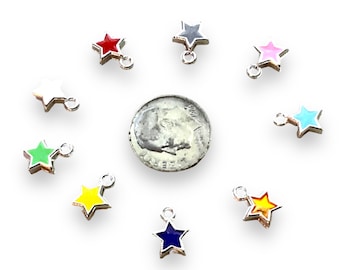 12 Enameled Tiny Star charms in Pink, Hot Pink, Red, Gray, White, Gold, Yellow, Navy, Light Blue and Black Bangle Charms, Enamel Charms