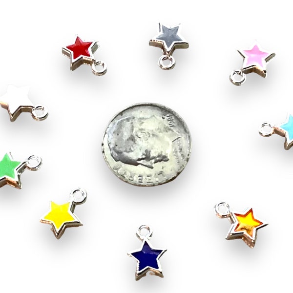 12 Enameled Tiny Star charms in Pink, Hot Pink, Red, Gray, White, Gold, Yellow, Navy, Light Blue and Black Bangle Charms, Enamel Charms
