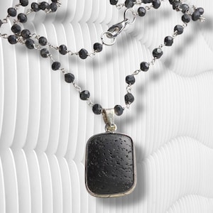 Black Lava Stone Pendant, Essential Oil Necklace, Black Beaded Rosary Chain, 2 sided Necklace, Silver Plated Necklace, Gift for her