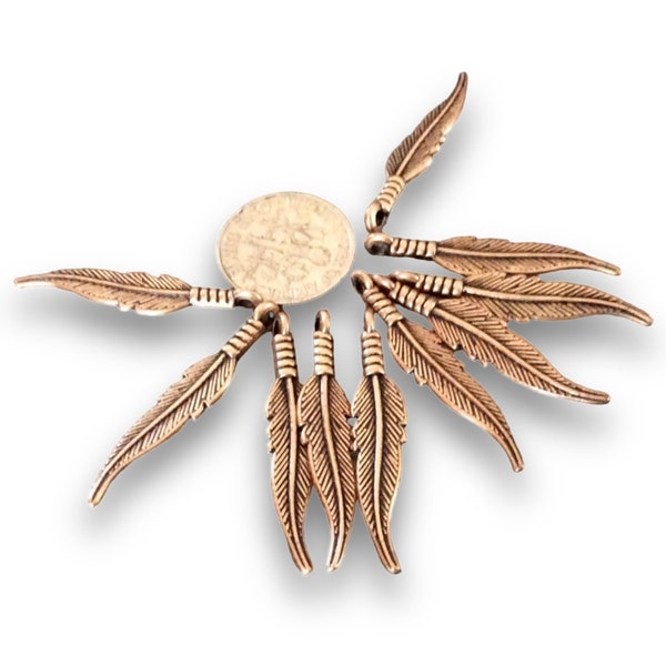 12 Copper Plated Feather Pendants, 2 sided charms, Detailed feather necklaces, copper feather earrings