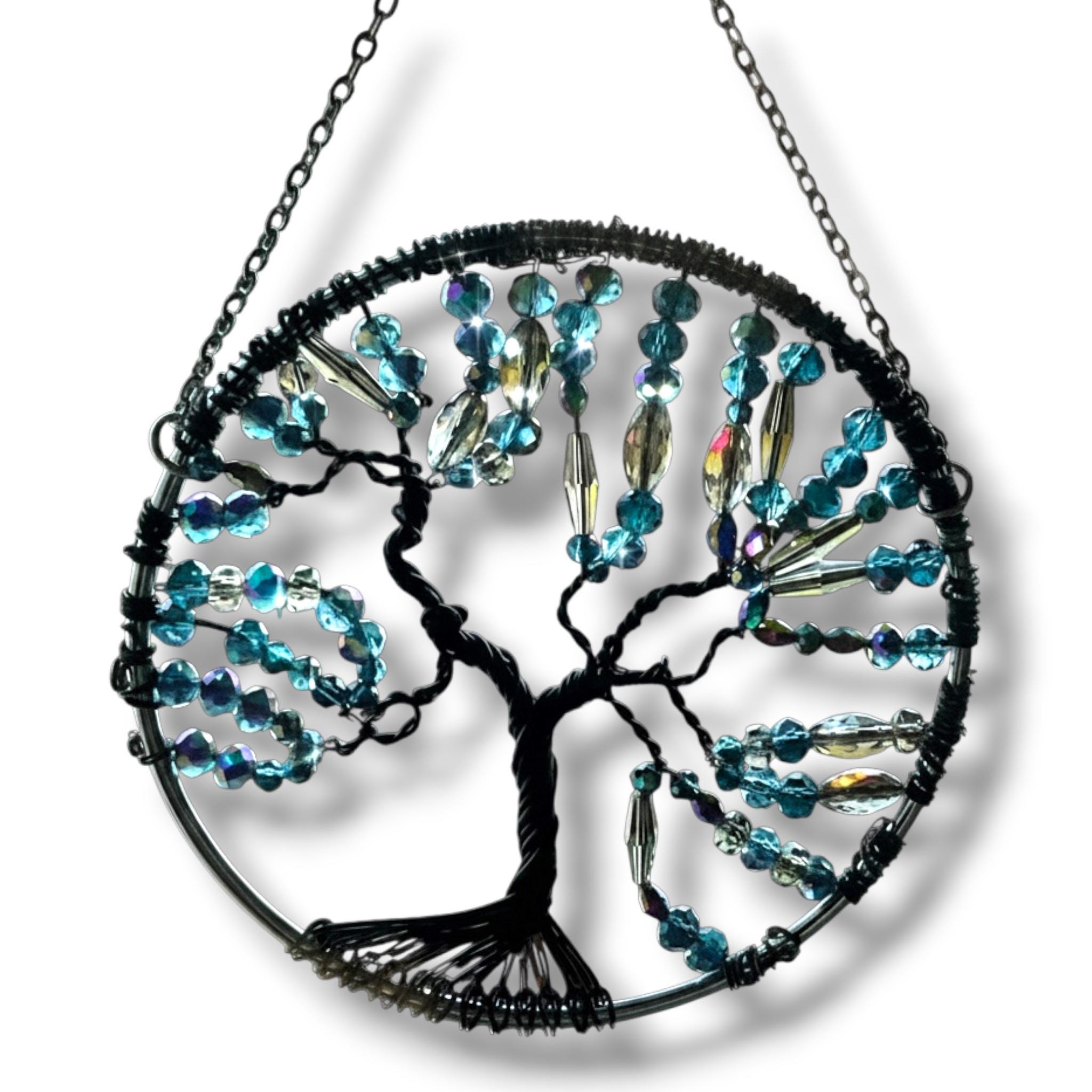 Tree of Life with Faceted AB Crystals, 4 Inch Hoop with Antiqued Chain for Hanging
