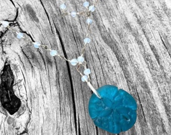 Sand dollar Recycled Sea Glass Dark Teal Pendant, Rosary Chain, Beach Necklace