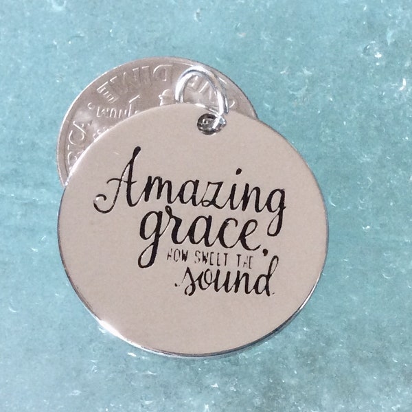 Amazing Grace How Sweet the Sound word charm pendant, Silver plated necklace, Faith Necklace, Religious Jewelry, Psalm 34:4 charm