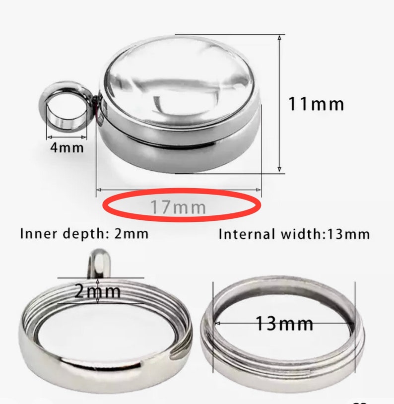Stainless Steel Magnifying Curved Glass Locket, 17mm, 23mm and 28mm, 316L Screw Top Floating Charm Glass Locket, Pet Memory Locket image 4