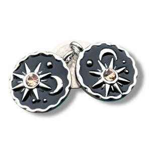 2 Celestial Silver Sun, Moon and Stars Pendants on Black enamel, 24mm x 19mm Zinc Alloy Charms, Windblown Charms, Sun Rays