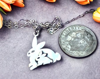 Sterling Silver Mommy and Baby Bunny Necklace, Rabbit Pendant, New Mom Gift, Layered Rabbit Necklace, Sterling Chain