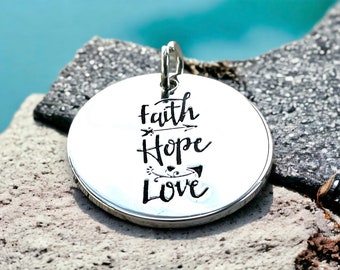 Faith, Hope, Love pendant, 1 Corinthians 13:13, Silver Plated, stamped pendant, faith necklace, Faith Hope Love jewelry