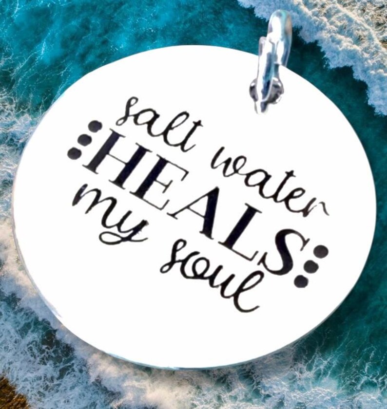Salt Water Heals my Soul word charm pendant, Silver plated necklace, Ocean necklace, Beach Charm, Vacation jewelry image 3