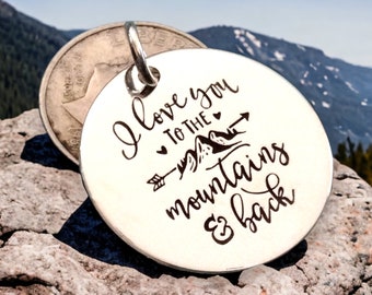I love you to the mountains and back pendant, Silver plated necklace, Mountain Charm, great outdoors Jewelr