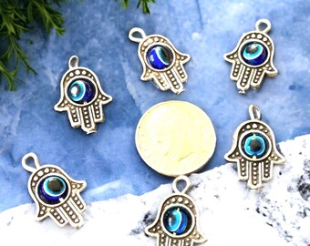 6 or 12 Silver Hamsa charms, Evil Eye Charms, Amulet Pendant, Protective Jewelry, 2 sided charm
