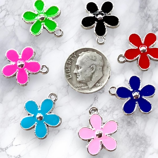 6 Enameled Flower charms in Light Pink, Navy Blue, Black, Red, Green, Hot Pink or Teal Blue Pendants, Flower Charms, Enamel Charms