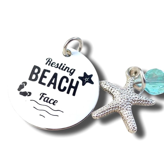 Resting Beach Face Word Charm Pendant, 3 Piece necklace, Silver plated charm, beach jewelry, Our own charm