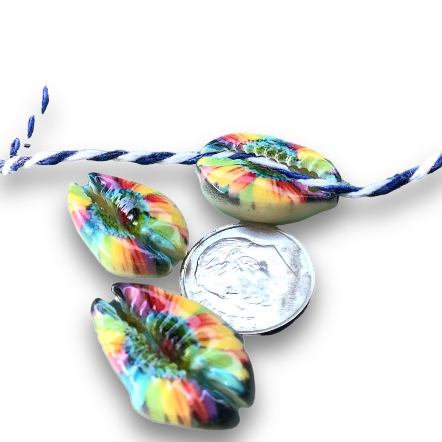 3 Colorful Cowrie Shell Beads, Hand Painted Cowrie Shells, 10mm X 20mm ...