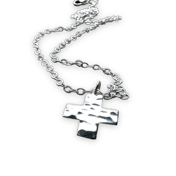 Sterling Silver Hammered Cross Pendant, Easter Cross Necklace, Sterling Silver Chain