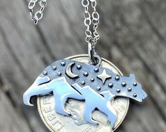 Sterling Silver Celestial Forest Bear Pendant Necklace,  25mm x 13mm Mountain Moon and Stars