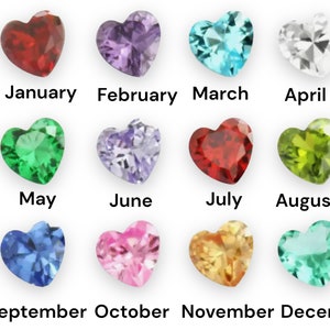 May include: A chart showing the birthstones for each month of the year. The birthstones are displayed as heart-shaped gemstones. January: Garnet, February: Amethyst, March: Aquamarine, April: Diamond, May: Emerald, June: Alexandrite, July: Ruby, August: Peridot, September: Sapphire, October: Opal, November: Topaz, December: Turquoise.