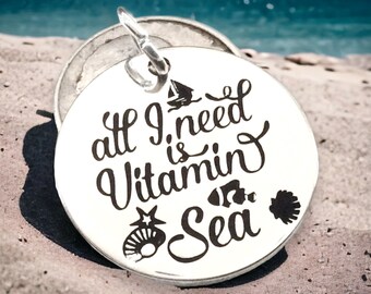 All I need is Vitamin Sea Word Charm Pendant, Silver plated necklace, Boho Jewelry, Sea Charm, beach necklace