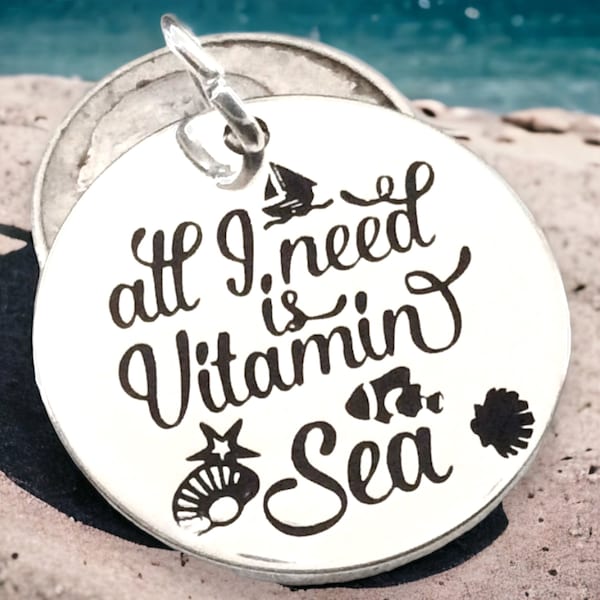 All I need is Vitamin Sea Word Charm Pendant, Silver plated necklace, Boho Jewelry, Sea Charm, beach necklace