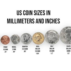May include: A chart showing the sizes of US coins in millimeters and inches. The coins are arranged from smallest to largest: dime, penny, nickel, quarter, gold dollar, half dollar, and silver dollar.