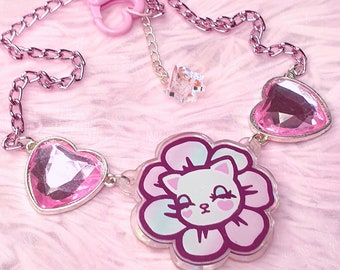 Pretty Petal Necklace ~ Pink Crystal Hearts, 80s Flower, Sweet Secrets, Kitty Cat