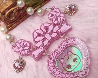 Opulent Necklace ~ Pink Fairy Kitty, Vintage Kawaii, Princess, Crystal Bows, Glitter Heart, Pearls