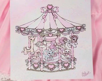 Coquette Carousel Art Print ~ Kawaii Pastel, Kitsch Bows, Pastel Funfair