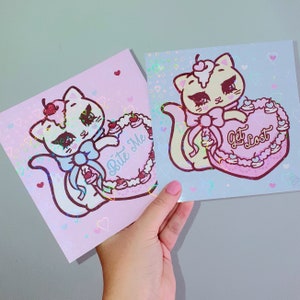 Kitsch Kittens Stampe artistiche scintillanti ~ Torta a cuore, Perditi, Mordimi, Sassy, Pastello, Cartolina olografica