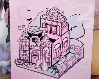 Haunted Dollhouse Art Print ~ Pink Creepy Cute ~ Pastel Goth Kitty ~ Ghosts Halloween