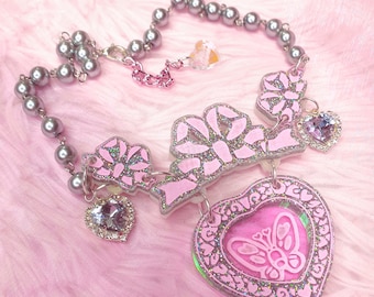 Opulent Necklace ~ Silver Holographic Fairy Kitty, Vintage Kawaii, Pink butterfly, Princess Heart, Pearls