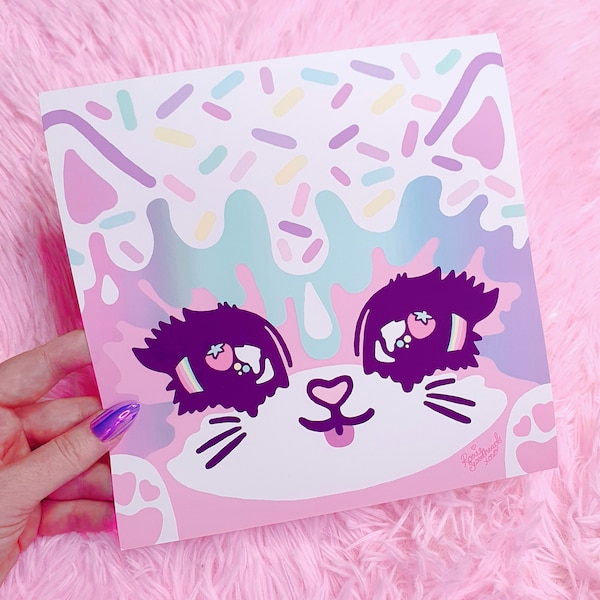 Sprinkles Kitty Art Print ~ Kawaii Cat, pastelowa tęcza