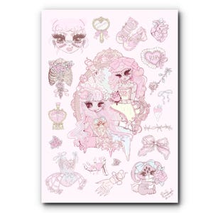 May include: A pink art print featuring multiple illustrations of gothic lolita style elements. The drawings include a girl in a dress, a mirror, shoes, a heart, a bunny, and other decorative items. The artwork is in a soft, pastel color palette.