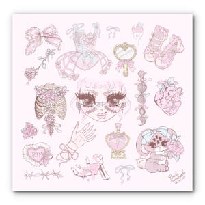 May include: A pink illustration featuring various elements: a ballet dress, a mirror, shoes, a heart, a bunny, and a face with stitches. Other elements include a bow, a rose, a hand, and a bottle. The artwork has a soft, pastel aesthetic.