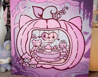 Pumpkin Tea Party Art Print ~ Pink Mushroom ~ Woodland Creepy Cute ~ Pastel Halloween