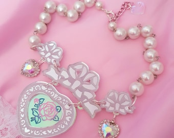 Opulent Necklace ~ Silver Fairy, Kawaii Princess, Iridescent Crystal Hearts, Vintage Rose