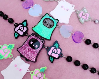 Kitty Boo Necklaces ~ Romantic Roses ~ Creepy Cute ~ Pink Pearl Ghost Cats ~ Halloween