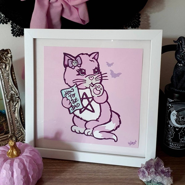 SALE ~ Creep-A-Lot Kitty Art Print ~ Creepy Cute Cat, Pink Kitsch Kawaii