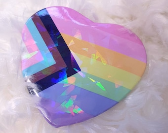 Pride Pastel Rainbow Heart Badge ~ LGBTQ Holographic, Queer Kawaii